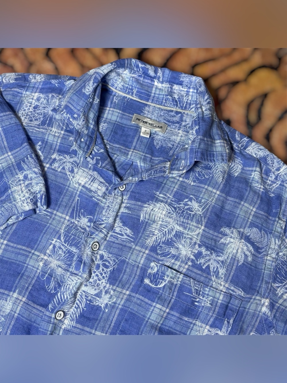 Pater Millar 100% Linen Plaid Hawaiian Print Shirt Sleeve Button Up Shirt Blue